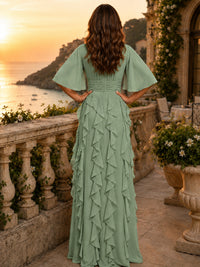 Elegant Chiffon Mother of the Bride Dress with Flutter Sleeves and Ruffle Skirt