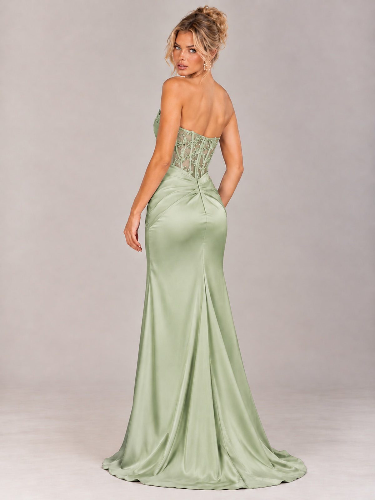 Strapless Satin Prom Dress with Sheer Lace Corset & High Slit
