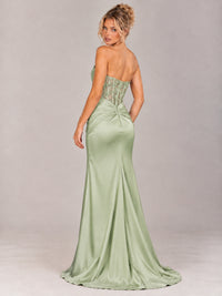 Strapless Satin Prom Dress with Sheer Lace Corset & High Slit