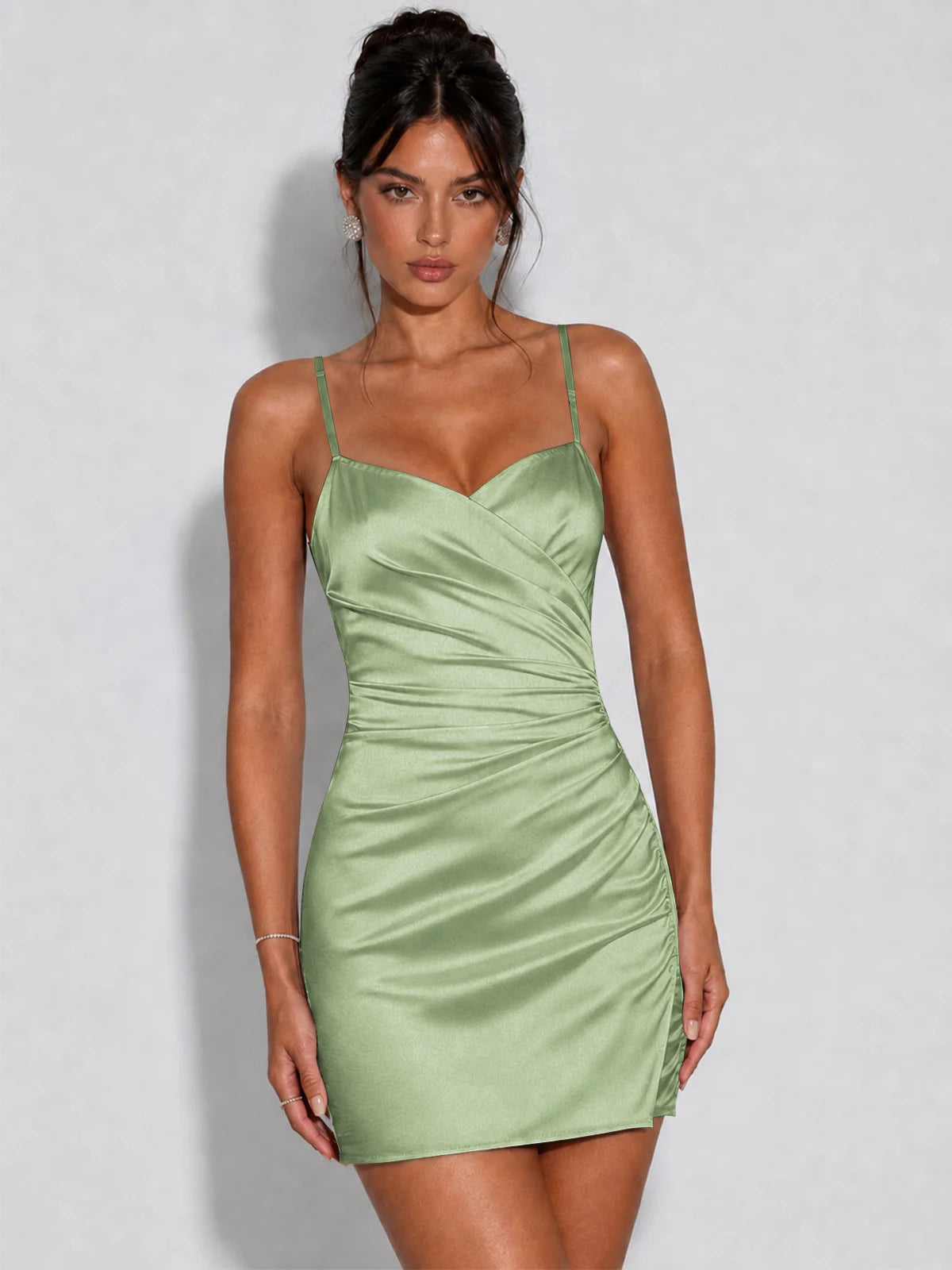 Satin Ruched Spaghetti Strap Homecoming Dress