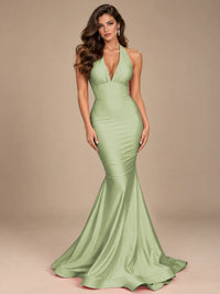 Pink Halter Deep V-Neck Ruched Mermaid Prom Dress