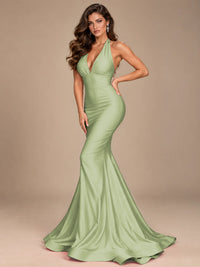 Pink Halter Deep V-Neck Ruched Mermaid Prom Dress