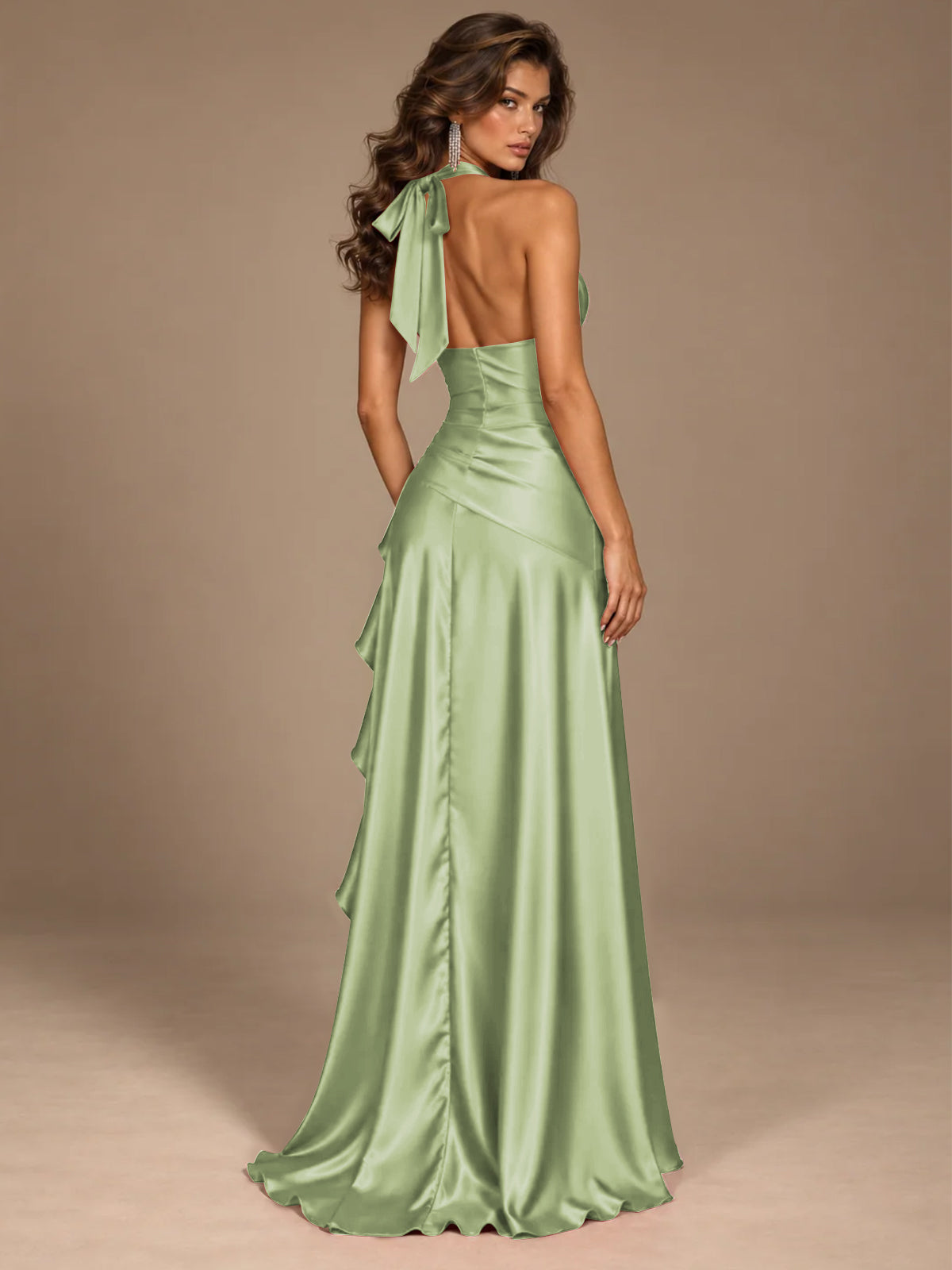 Burgundy Halter Deep V-Neck Ruched High Slit Ruffle Prom Dress