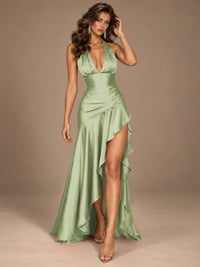 Burgundy Halter Deep V-Neck Ruched High Slit Ruffle Prom Dress