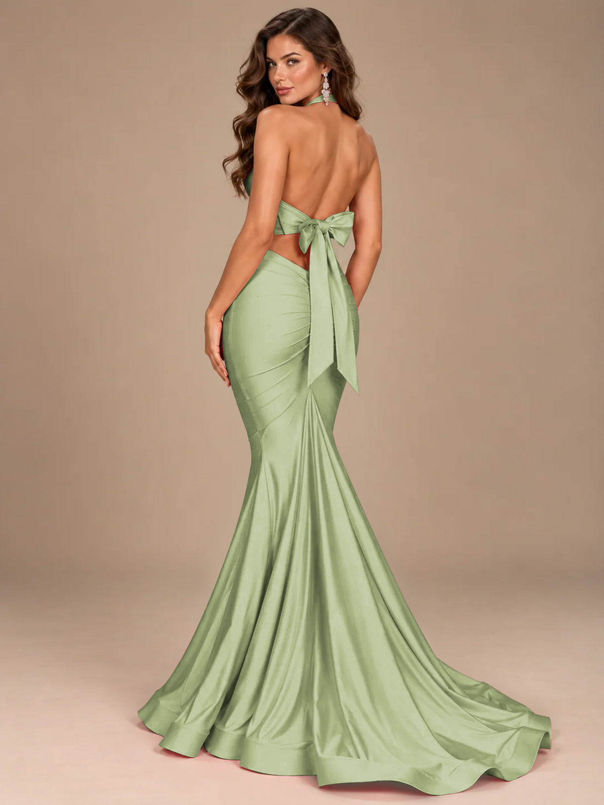 Pink Halter Deep V-Neck Ruched Mermaid Prom Dress