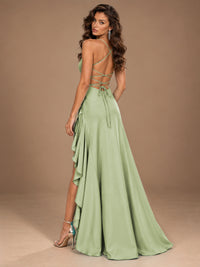 Burgundy Spaghetti Strap Ruched Prom Dress with Ruffled High Slit