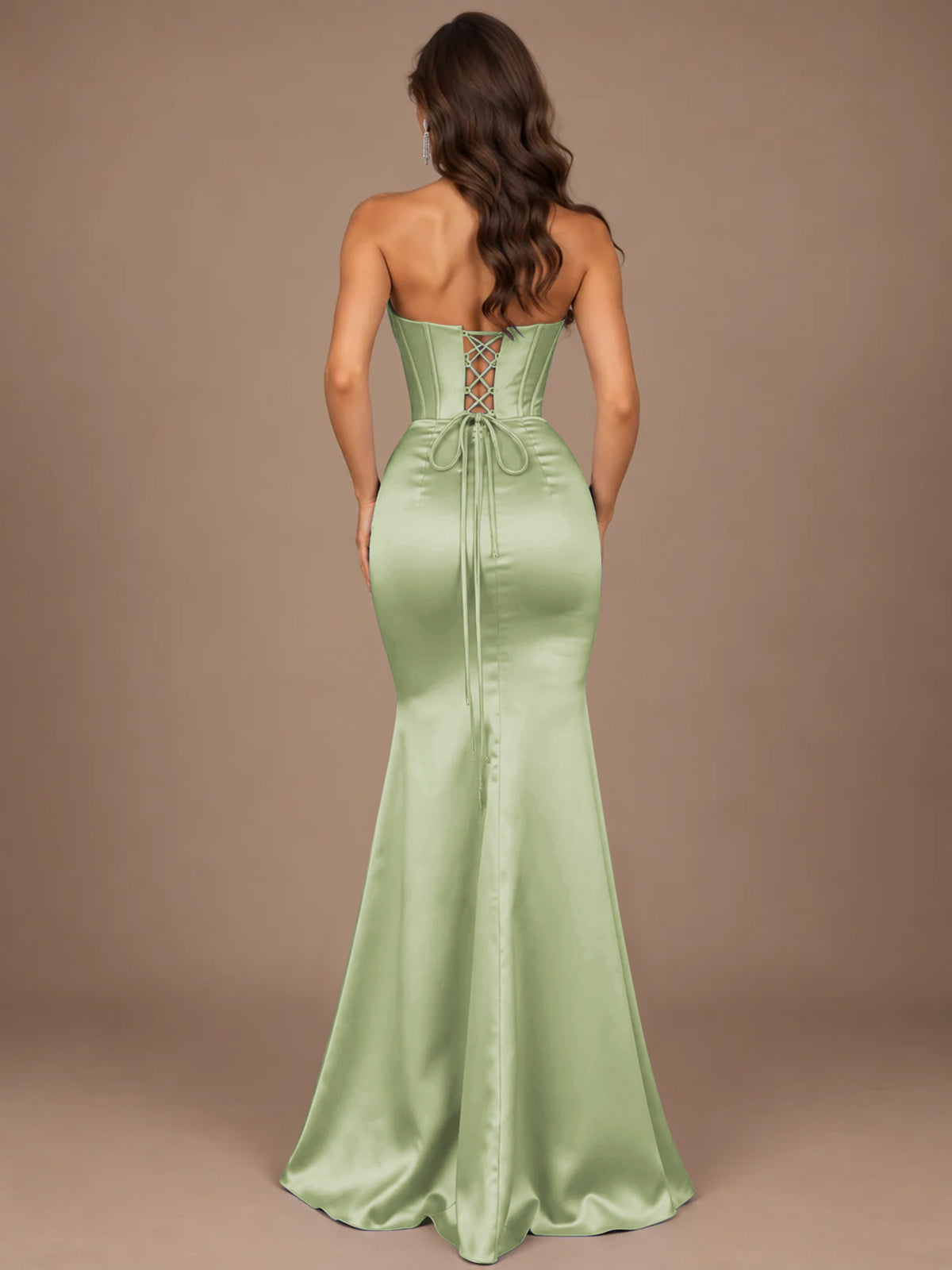 Dusty Blue Strapless Lace Corset Prom Dress with High Slit