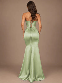 Dusty Blue Strapless Lace Corset Prom Dress with High Slit