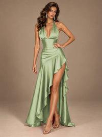 Burgundy Halter Deep V-Neck Ruched High Slit Ruffle Prom Dress