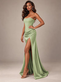 Burgundy Strapless Sparkly Corset Prom Dress with High Slit