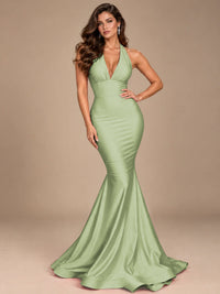 Pink Halter Deep V-Neck Ruched Mermaid Prom Dress