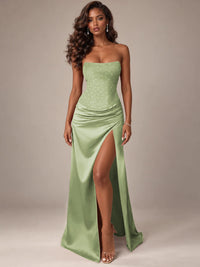 Burgundy Strapless Sparkly Corset Prom Dress with High Slit