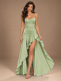Burgundy Spaghetti Strap Ruched Prom Dress with Ruffled High Slit