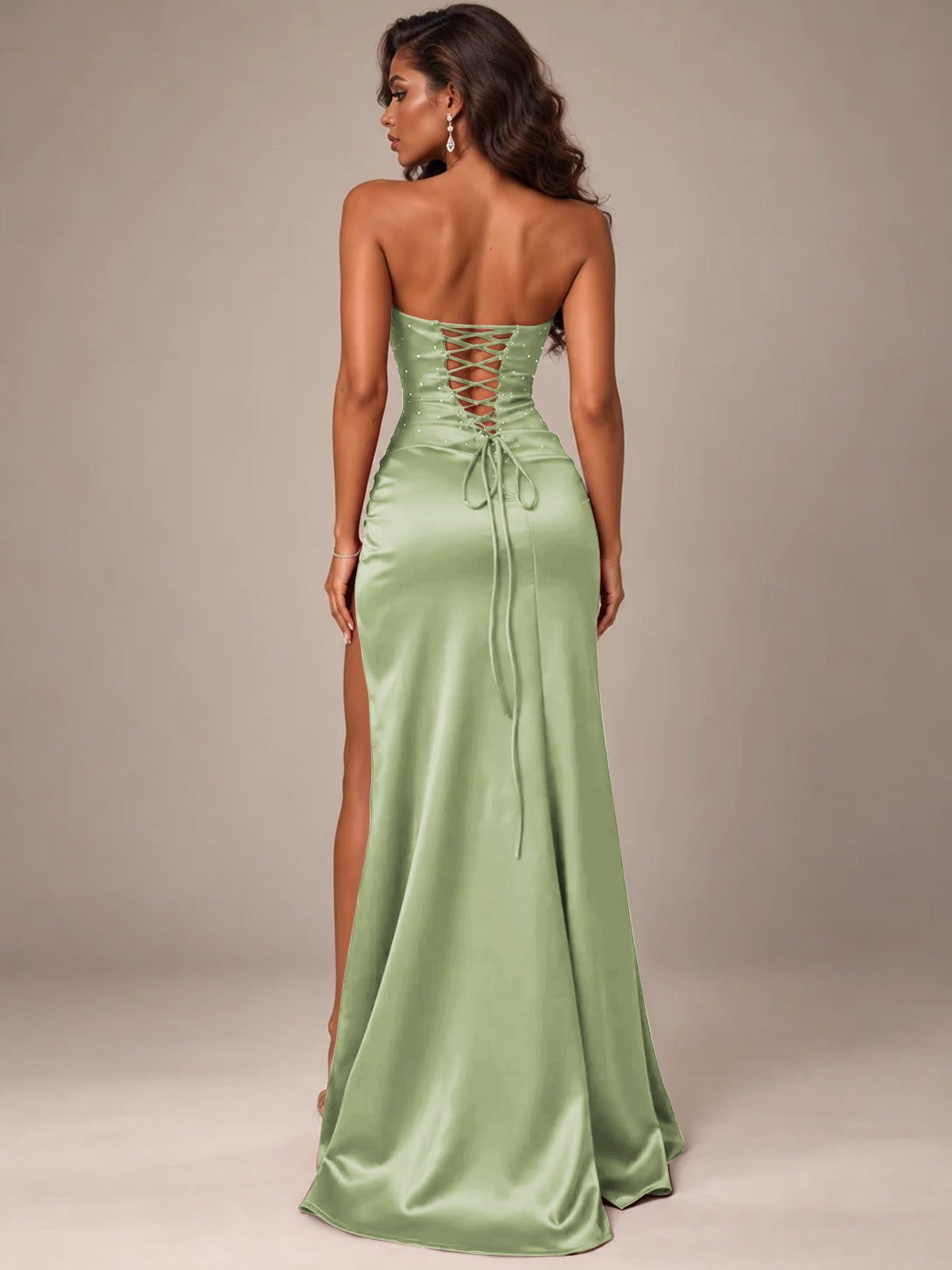 Burgundy Strapless Sparkly Corset Prom Dress with High Slit