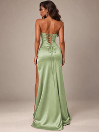 Burgundy Strapless Sparkly Corset Prom Dress with High Slit