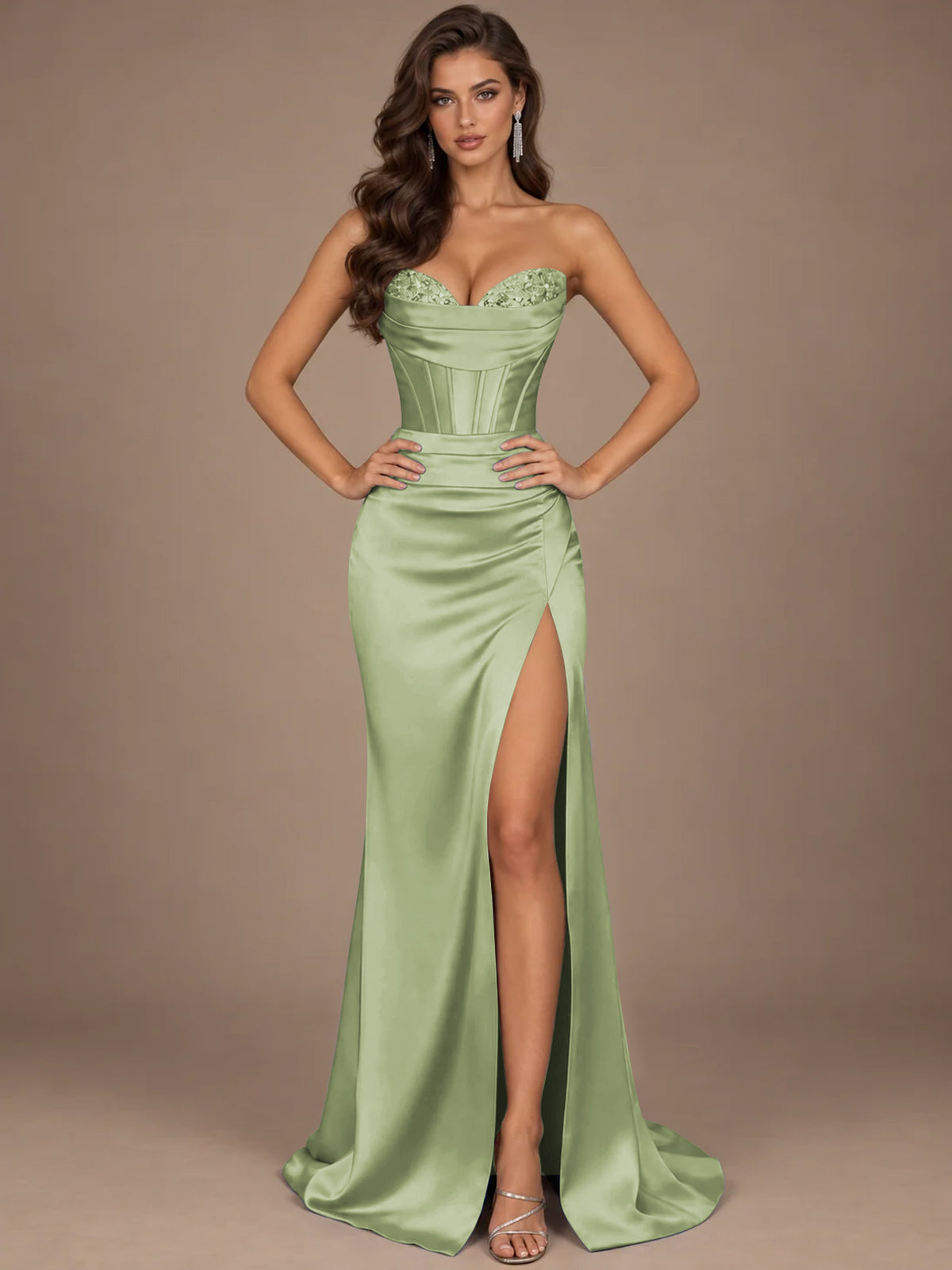 Dusty Blue Strapless Lace Corset Prom Dress with High Slit