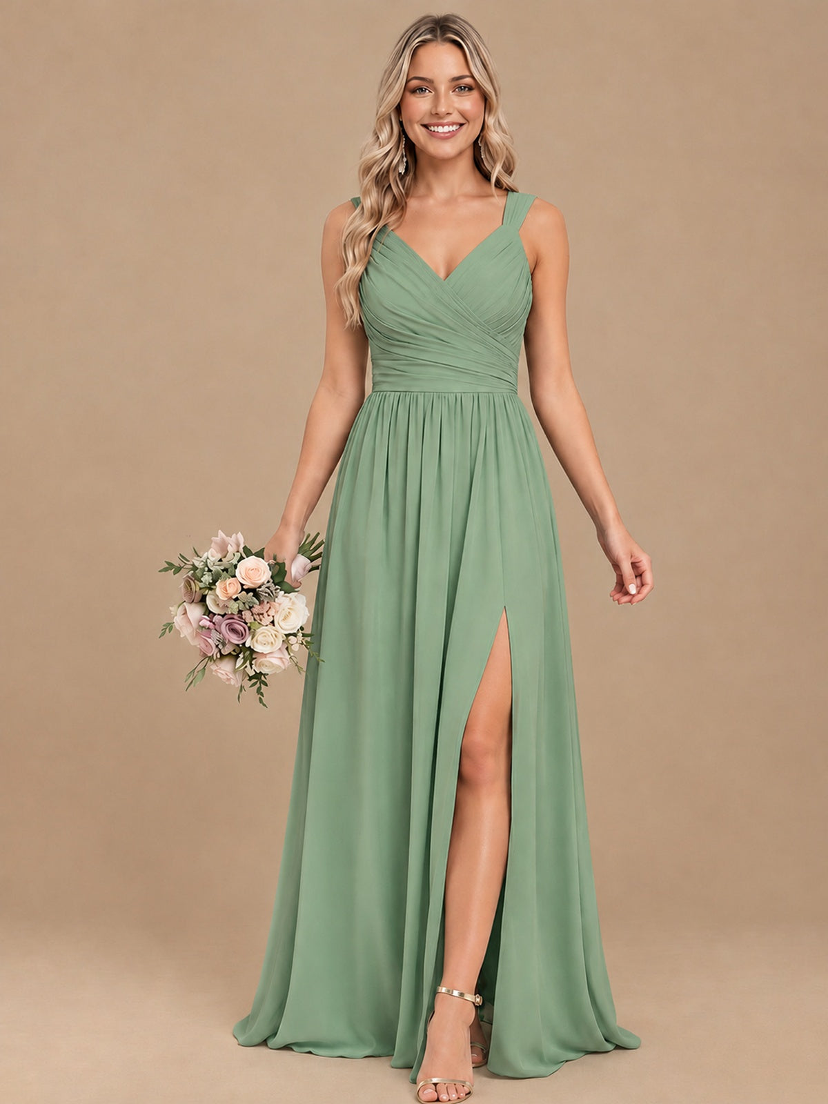 Pleated Chiffon V Neck Wedding Bridesmaid Dresses Floor Length with Slit