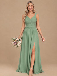 Pleated Chiffon V Neck Wedding Bridesmaid Dresses Floor Length with Slit