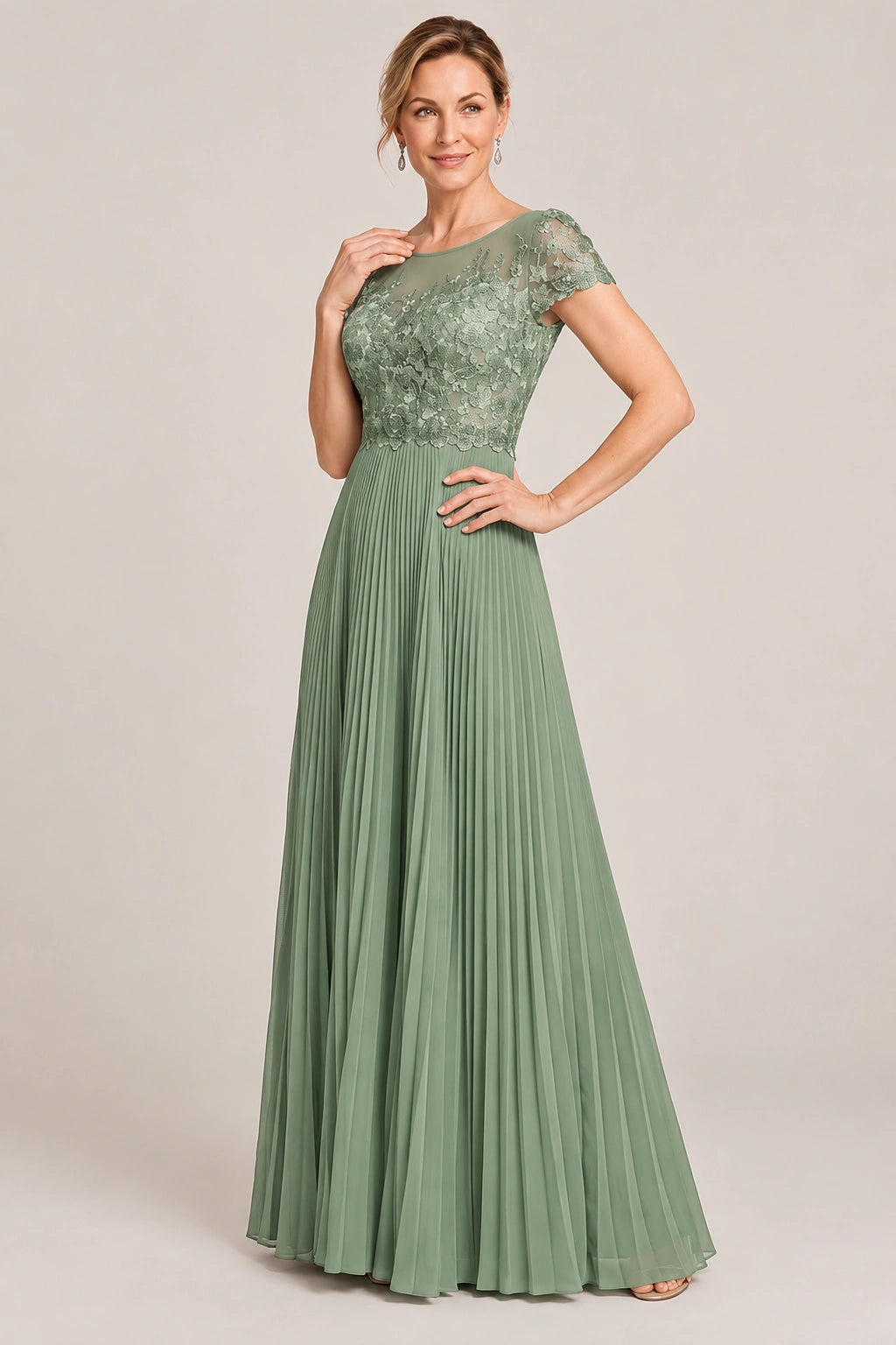 Embroidered Lace Pleated Mother of the Bride Dress