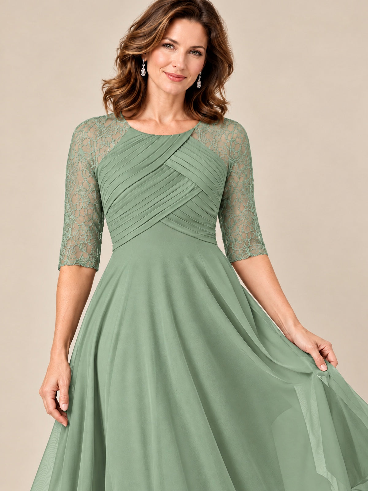 Tea-Length Mother of the Bride Dress with Lace 3/4 Sleeves