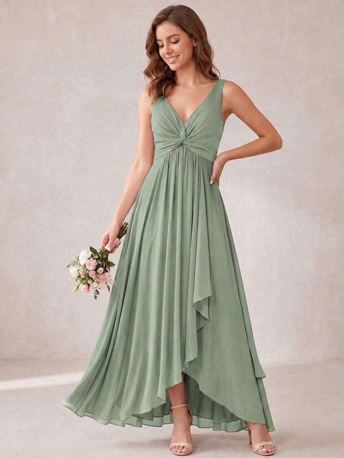 V-Neck High-Low Chiffon Bridesmaid Dress with Ruffles