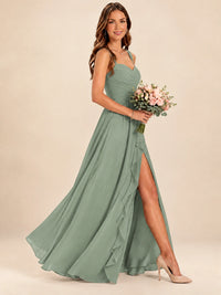 Spaghetti Straps Pleated Chiffon Bridesmaid Dress with Ruffle Slit