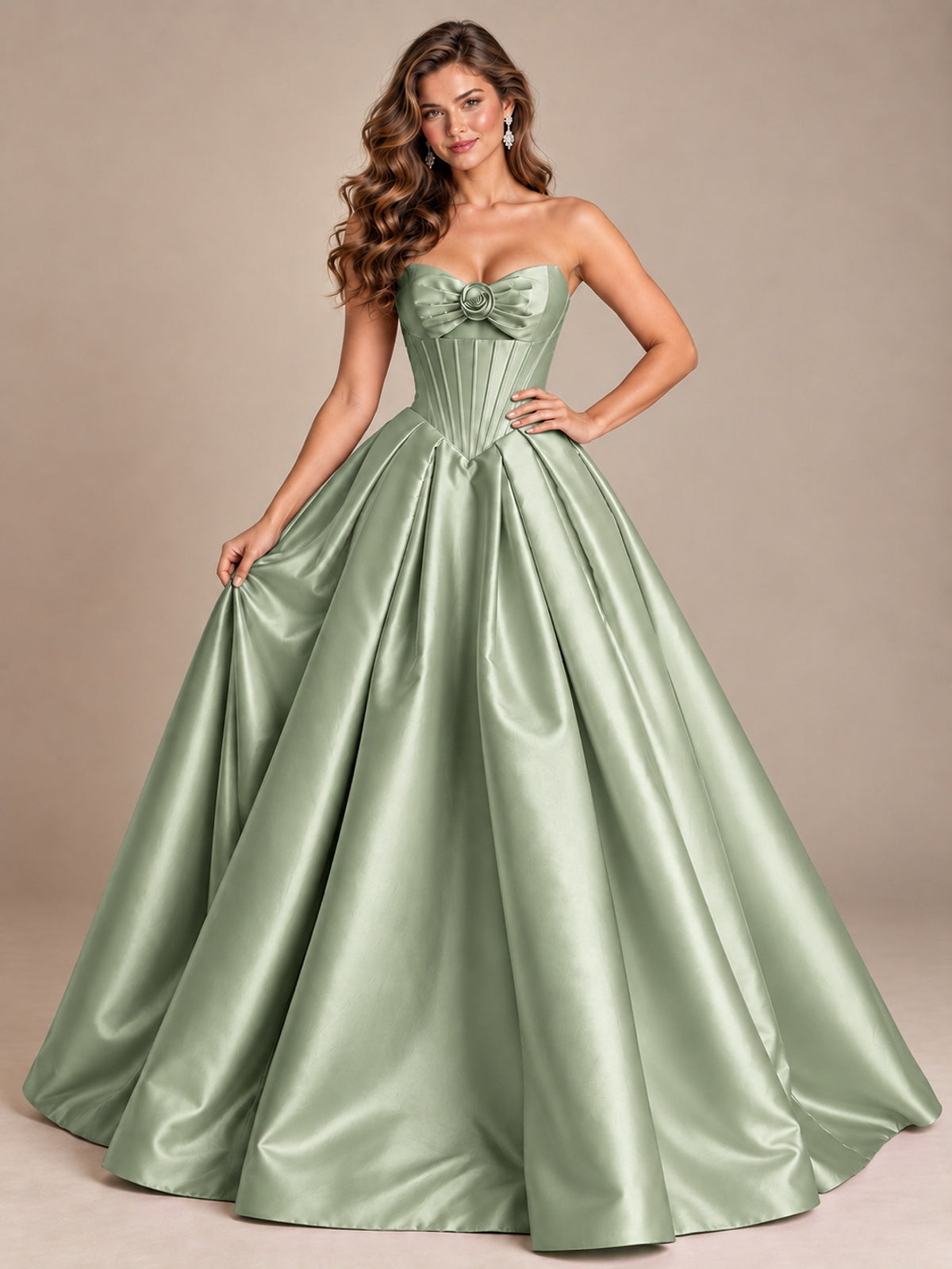Pink Strapless Corset Satin Prom Derss & Ball Gown with 3D Floral