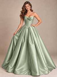 Pink Strapless Corset Satin Prom Derss & Ball Gown with 3D Floral