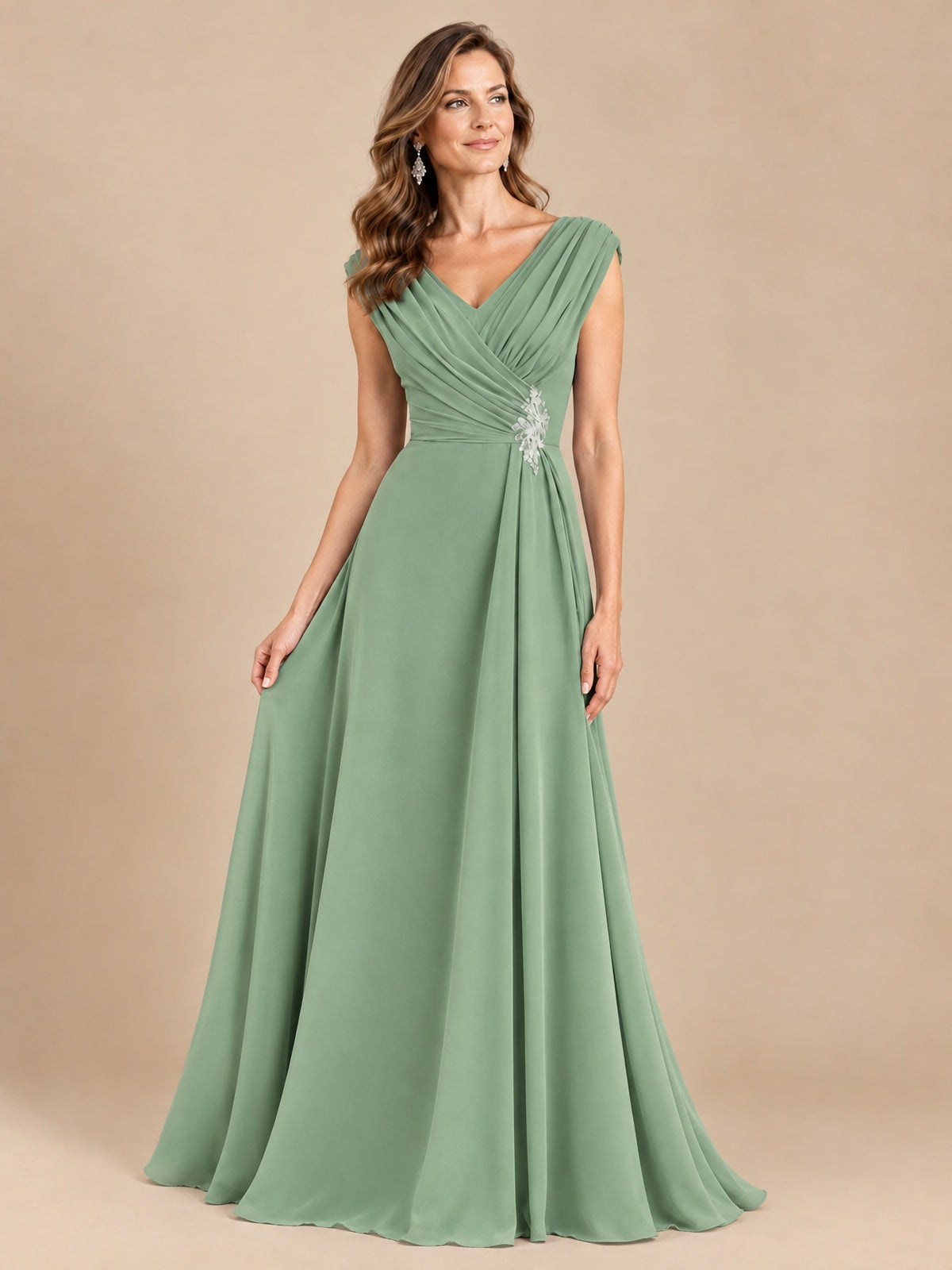 V Neck Pleated Mother of The Bride Dresses with Beading Cap Sleeves