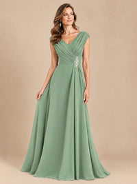 V Neck Pleated Mother of The Bride Dresses with Beading Cap Sleeves