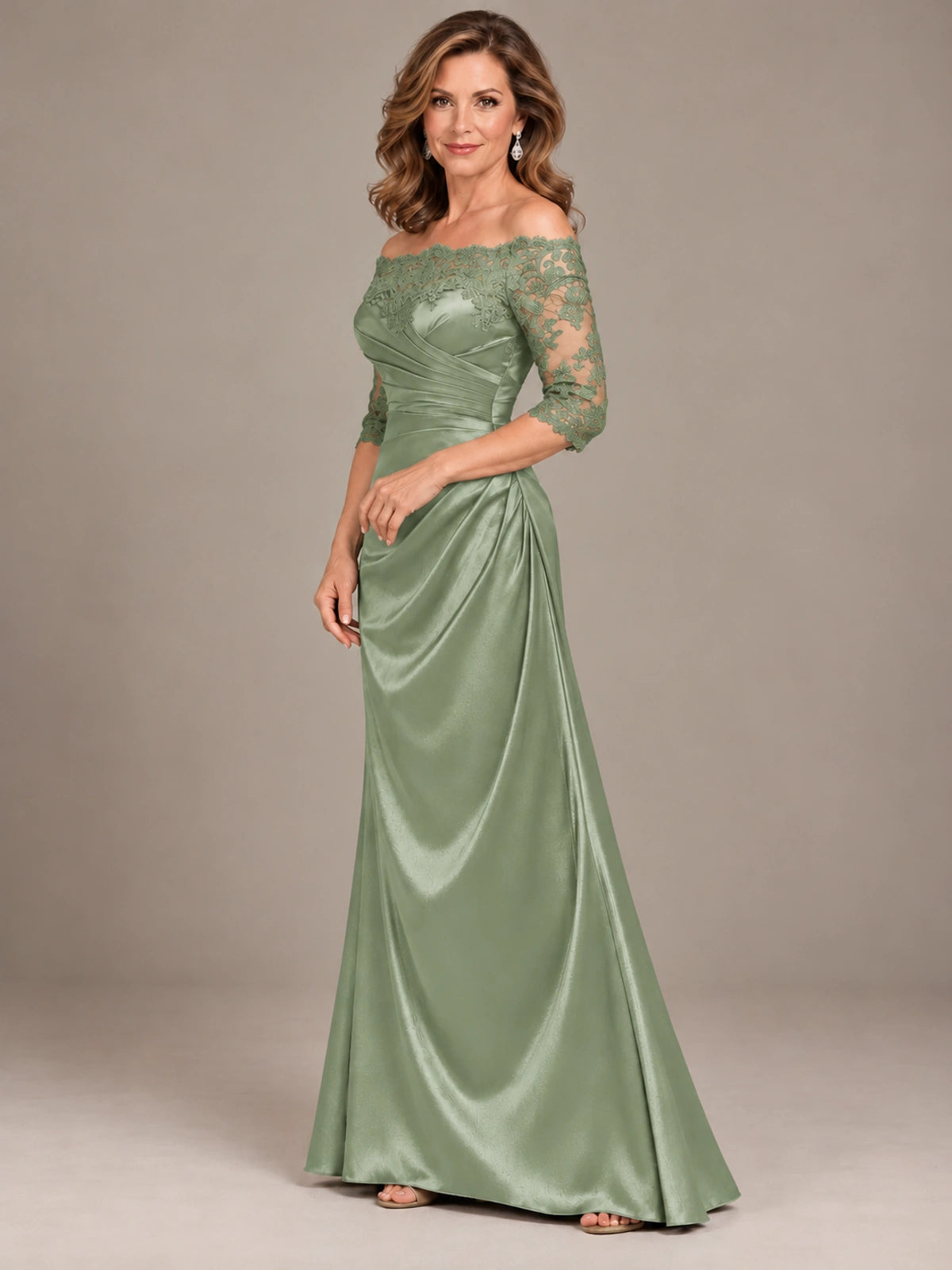 Satin Mother of the Bride Dress with Lace Sleeves Off Shoulder Formal Gown