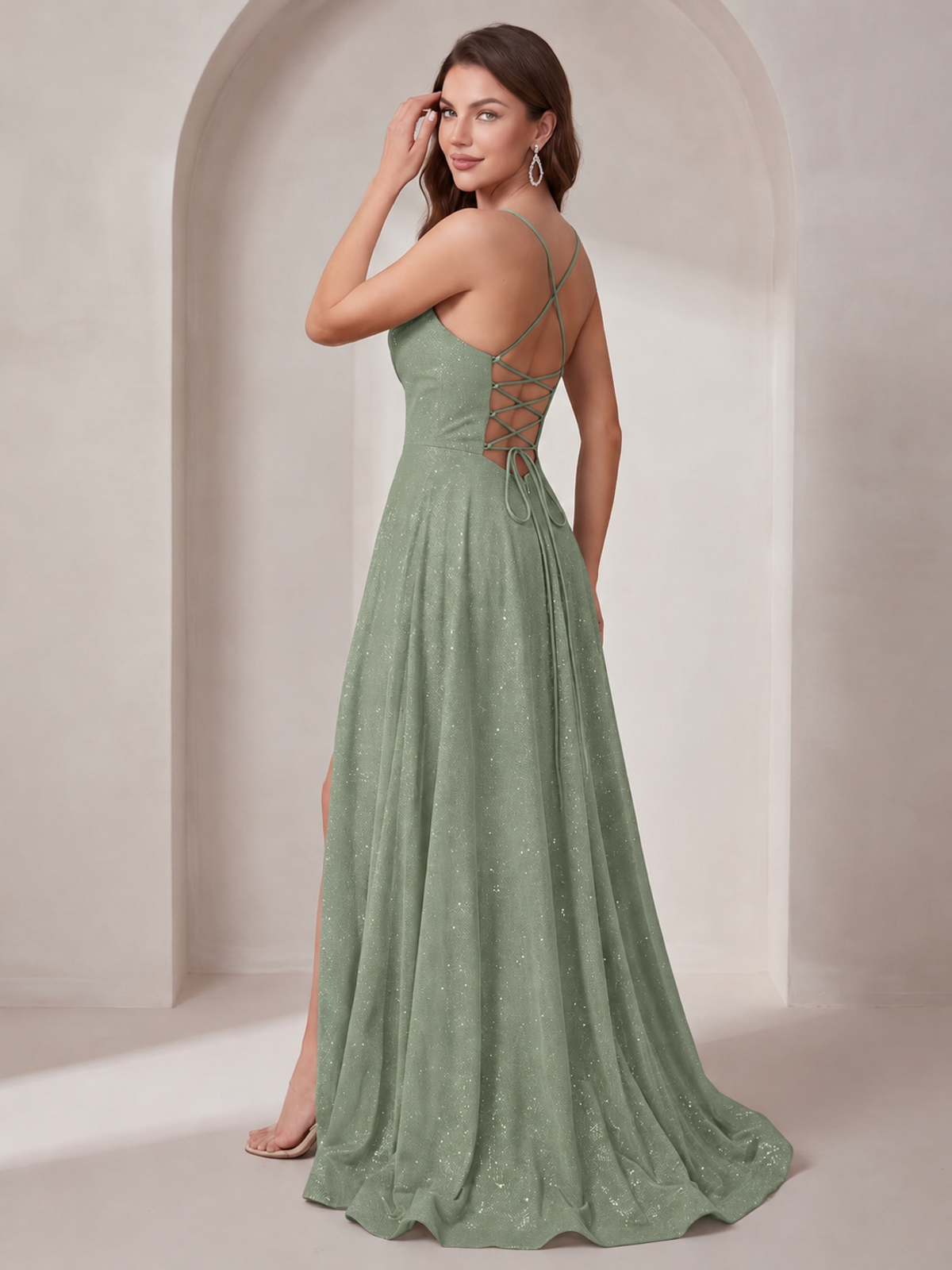 Sparkly Cowl Neck Corset Long Prom Dress with Slit A-line Tulle Ball Gown