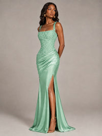 Scoop Neck Sequin Prom Dress with High Slit Satin Formal Gowns