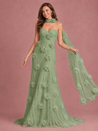 Blush Pink Strapless Sweetheart 3D Floral Tulle Mermaid Prom Dress