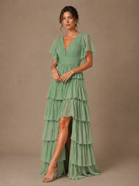Chiffon V-Neck Tiered Ruffle Bridesmaid Dress with Slit
