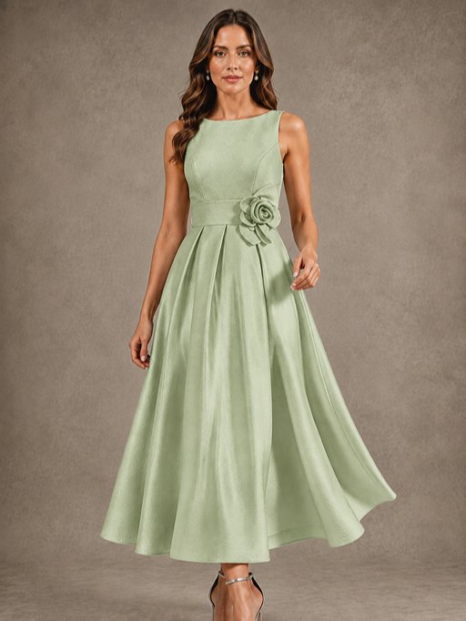 Tea-Length Satin Mother of the Bride Dress with 3D Flower Detail