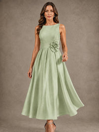 Tea-Length Satin Mother of the Bride Dress with 3D Flower Detail