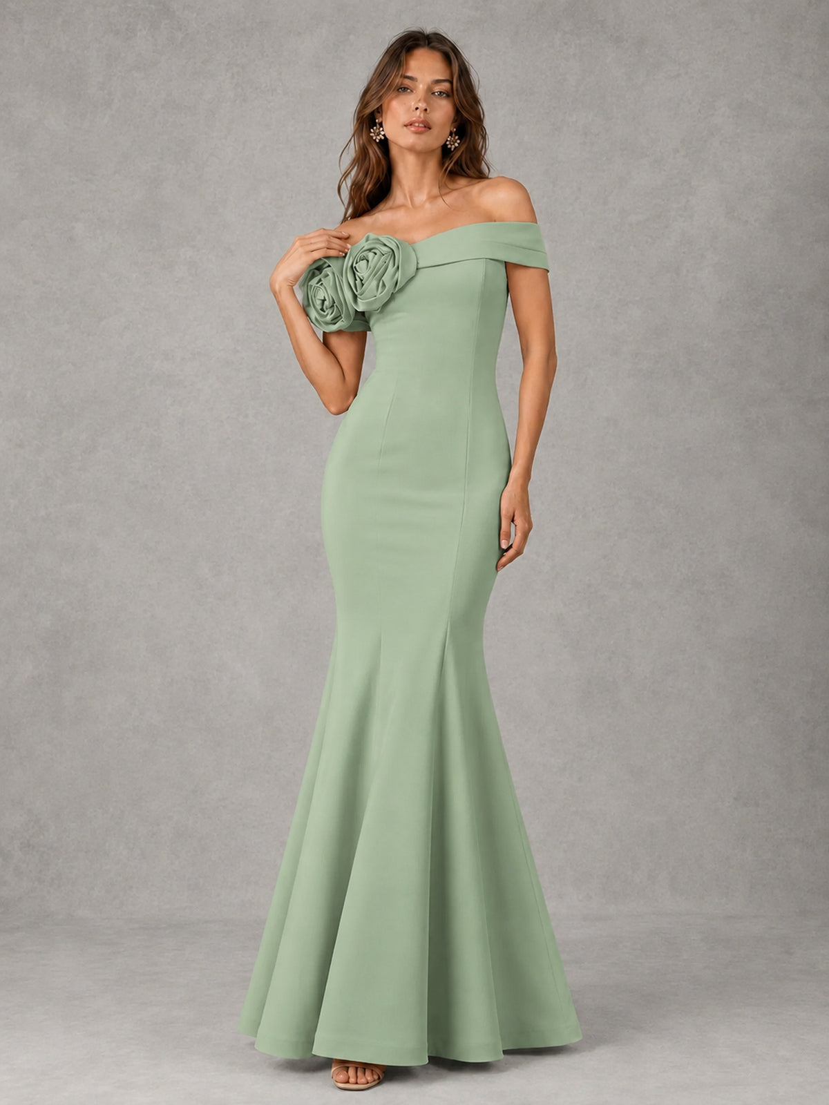 Blush Pink Off Shoulder Mermaid Bridesmaid Dress with Floral Rosette