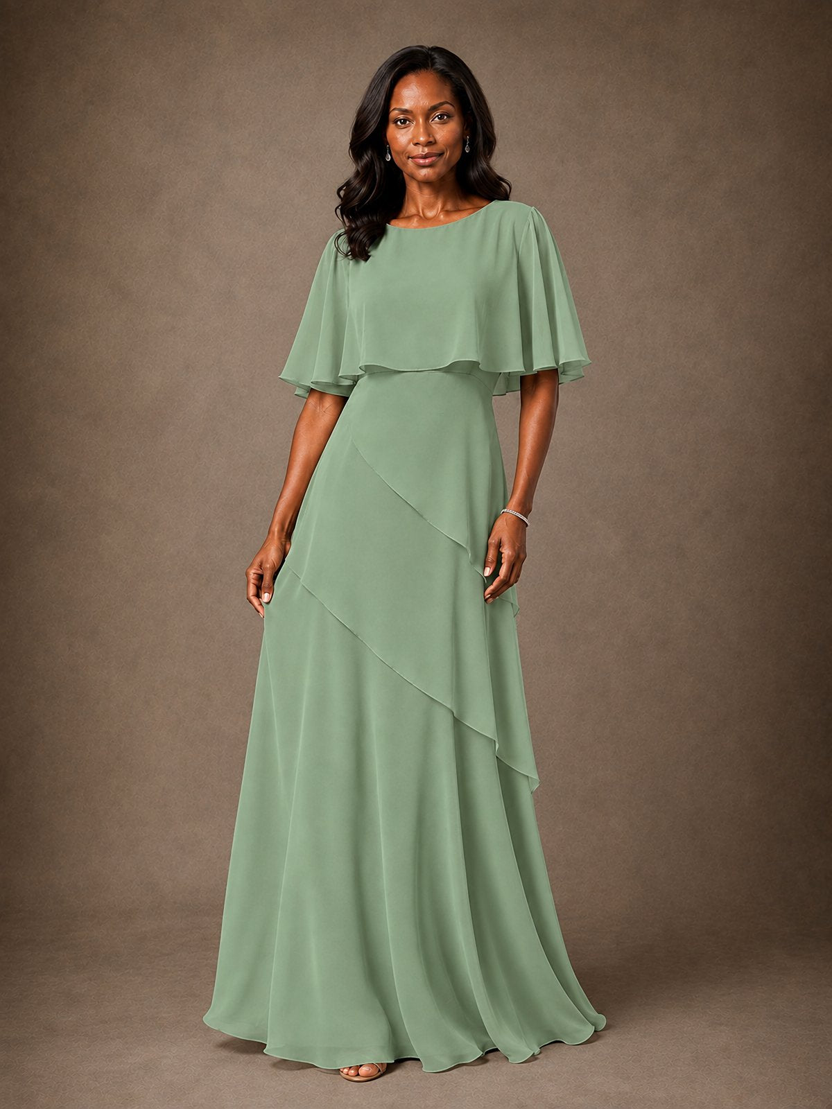 Taupe Chiffon A-Line Mother of the Bride Dress with Cape Sleeves