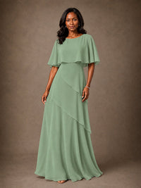 Taupe Chiffon A-Line Mother of the Bride Dress with Cape Sleeves