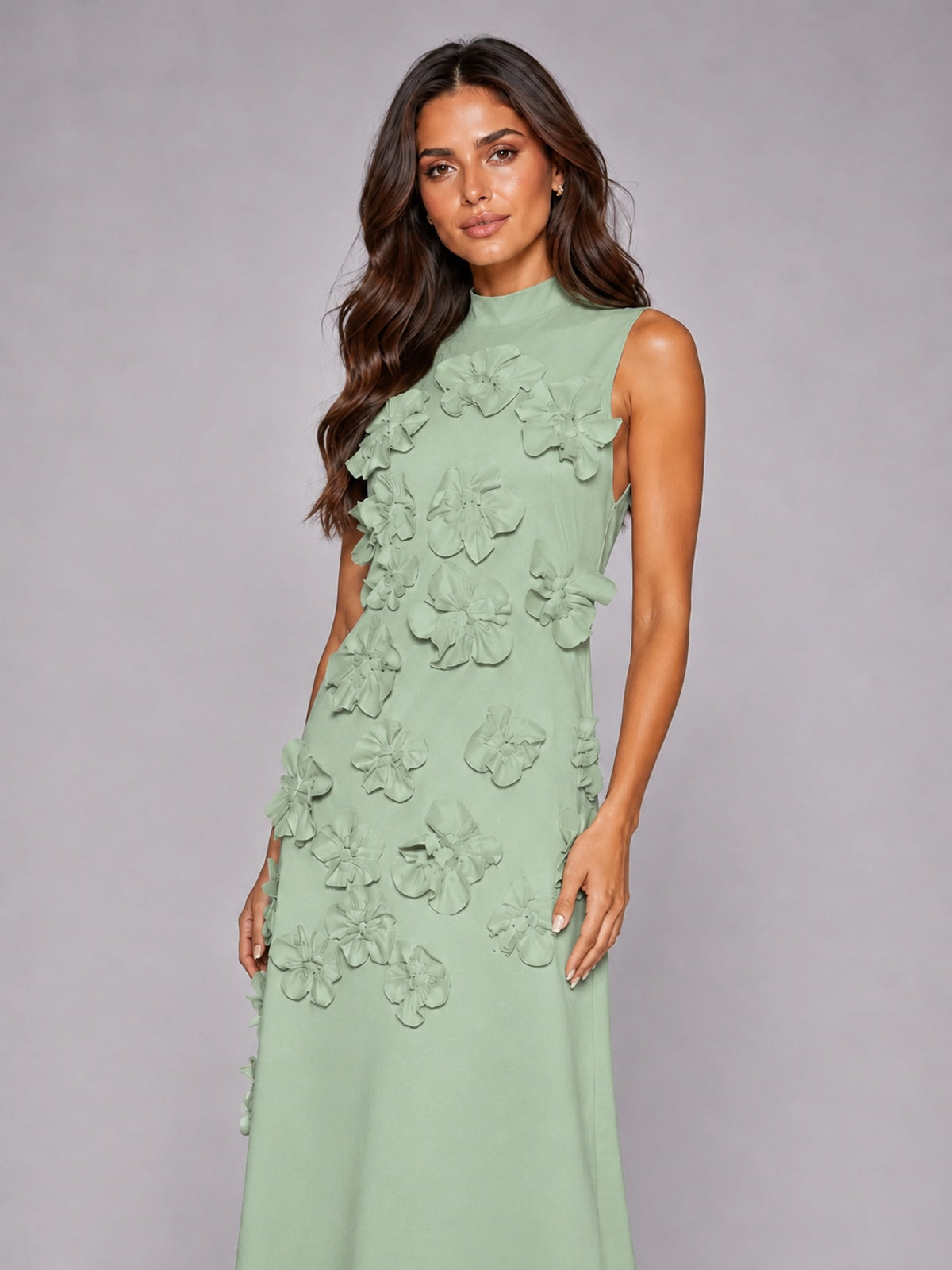 3D Floral Applique High Neck Prom Maxi Dress