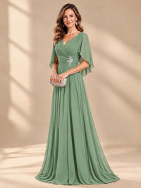 Ruched V Neck Mother of The Bride Dresses with Shawls Appliques and Cap Sleeves