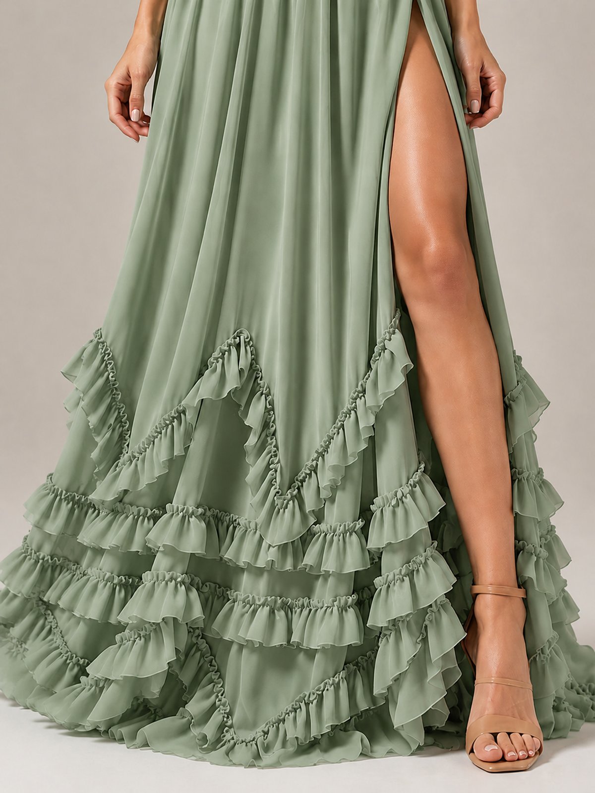 Halter V Neck Chiffon Formal Dress with Lace-Up Back and Ruffle Hem