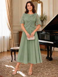 Tea-Length Chiffon Mother of the Bride Dress with Sequin Lace Sleeves