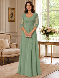 Chiffon Lace Applique Mother of the Bride Dress with 3/4 Sleeves