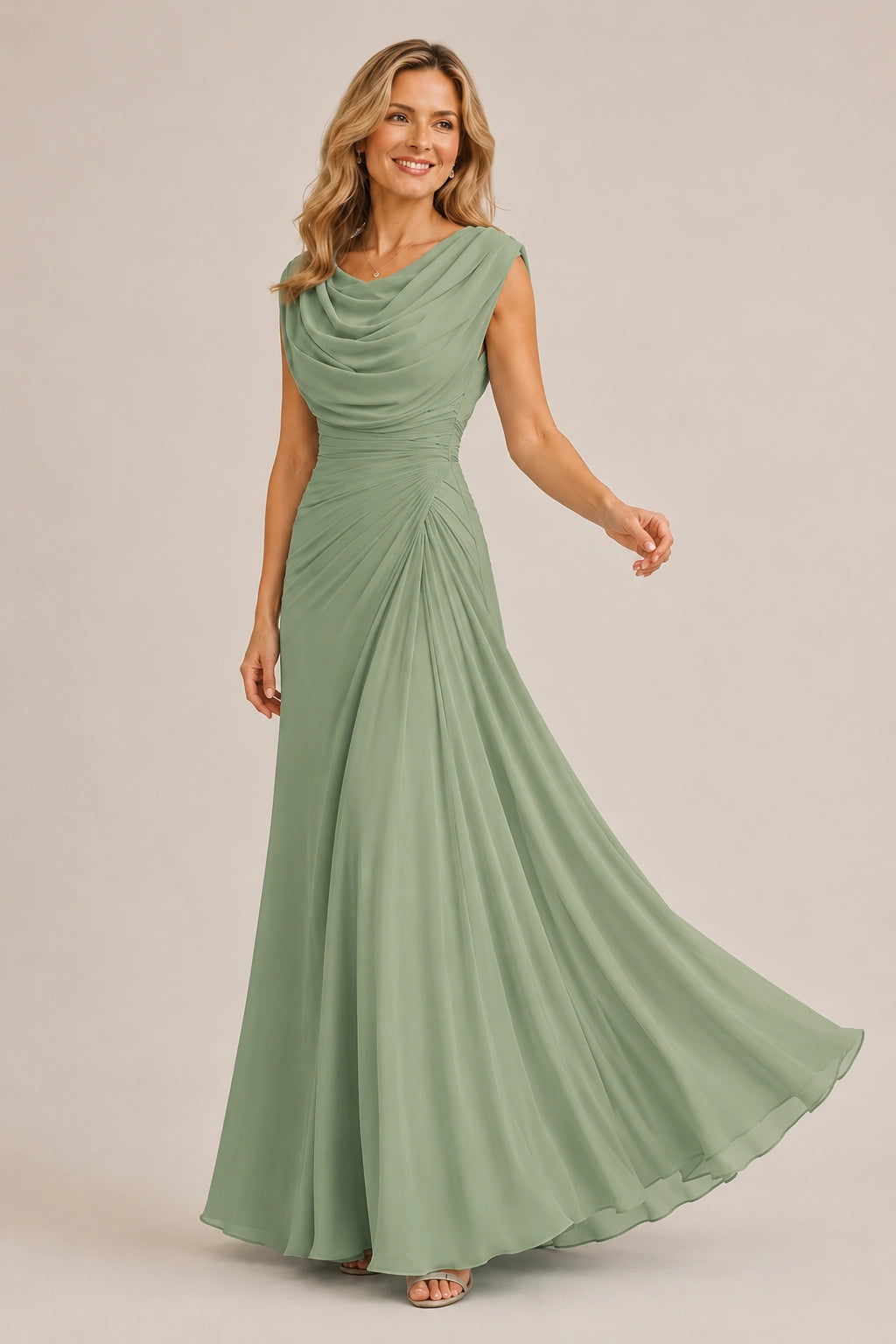 Cowl Neck Ruched Chiffon Mother of the Bride Dress