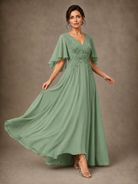 V-Neck Chiffon Lace Mother of the Bride Dress with Flutter Sleeves