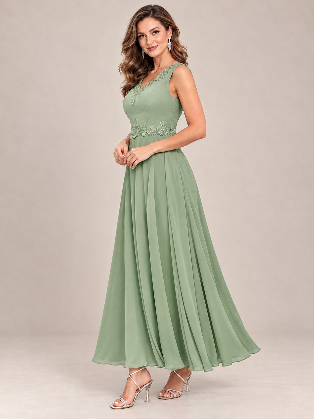 Dusty Blue Floral Lace Chiffon Mother of the Bride Dress with Jacket
