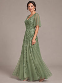 V-Neck Sequin Tulle Mother of the Bride Dress with Flutter Sleeve