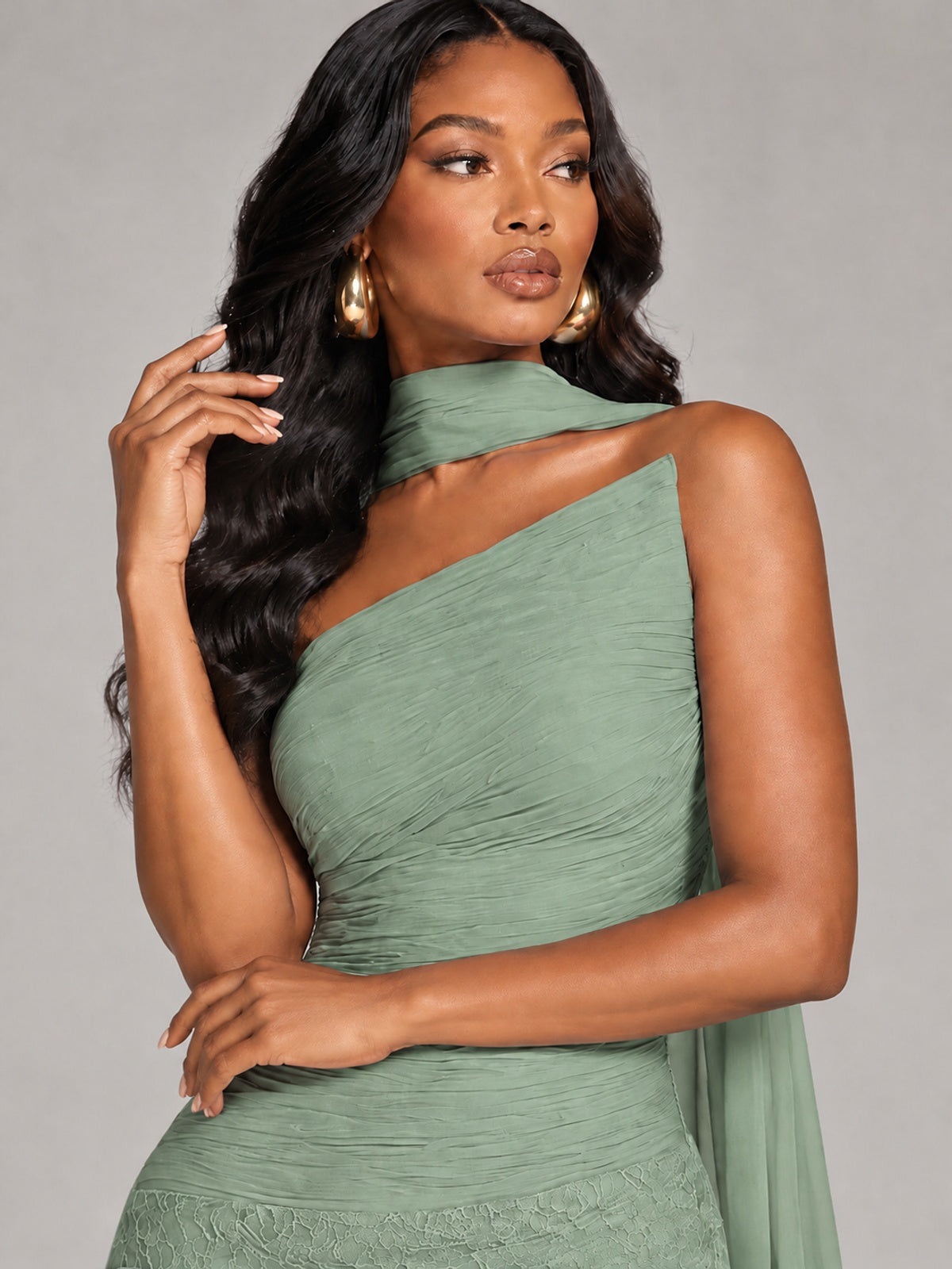 Pleated Chiffon Lace Prom Dresses Long Bodycon Mermaid with Scarf